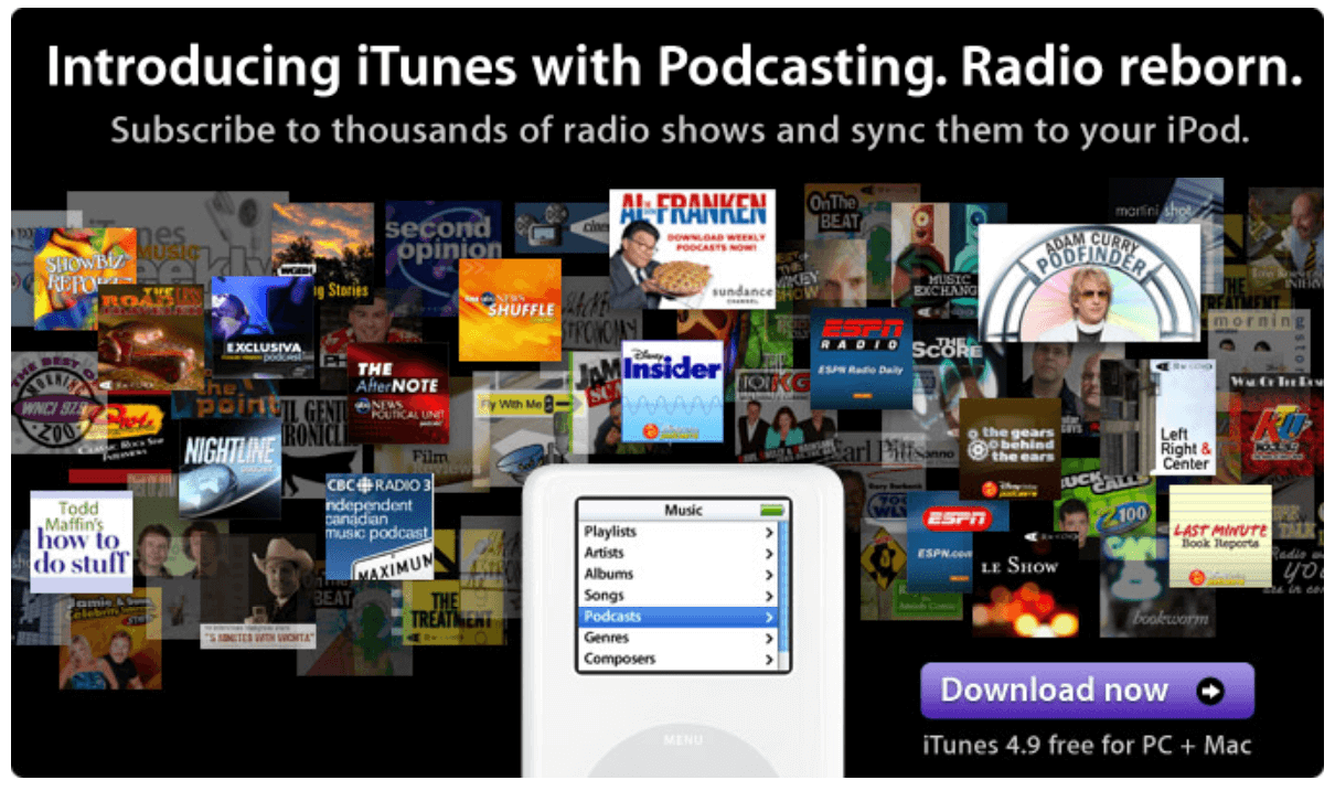 Podcasting feature ad on the Apple homepage June 2005